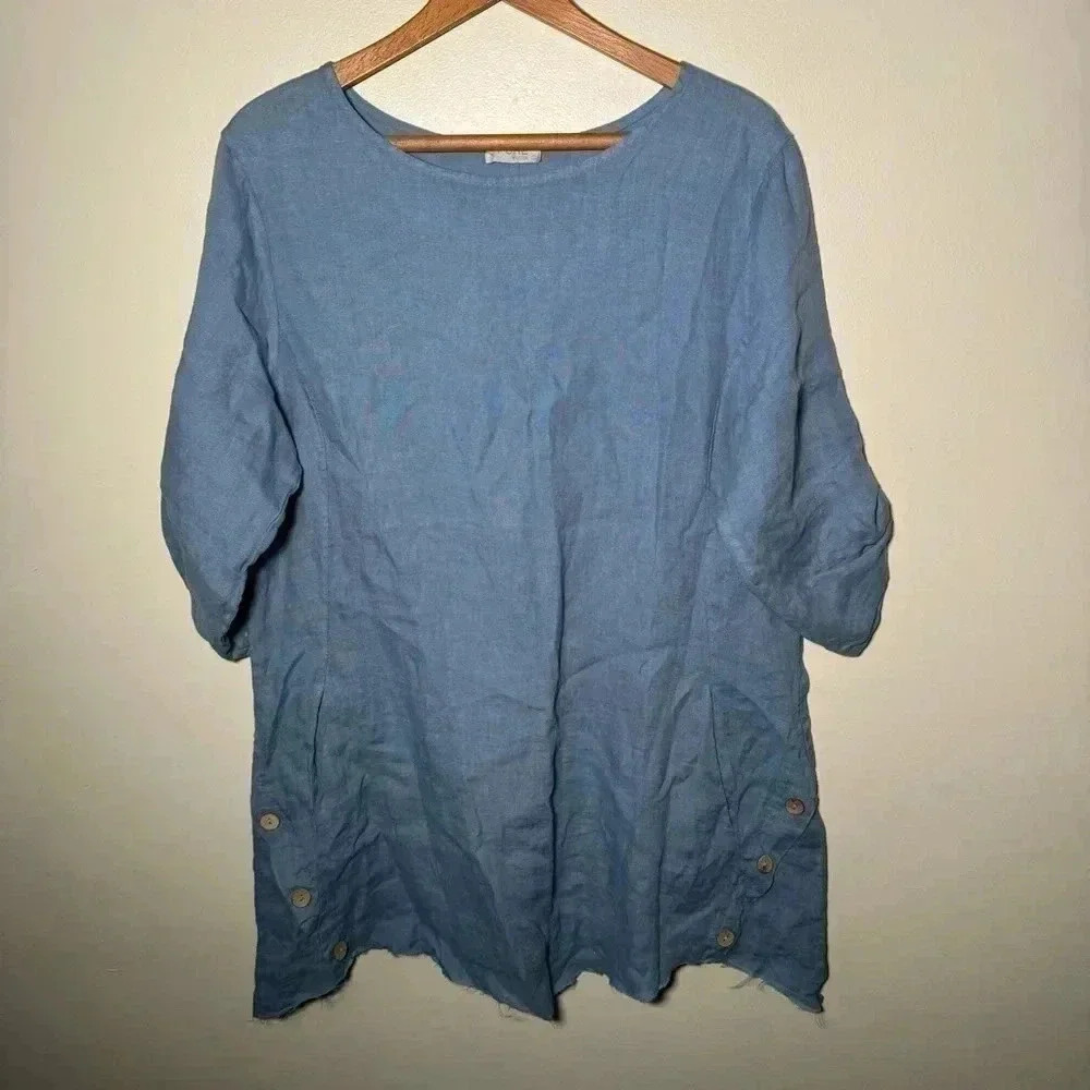 Italian linen boho artsy ocean blue boho dress with wooden buttons S - Picture 2 of 6